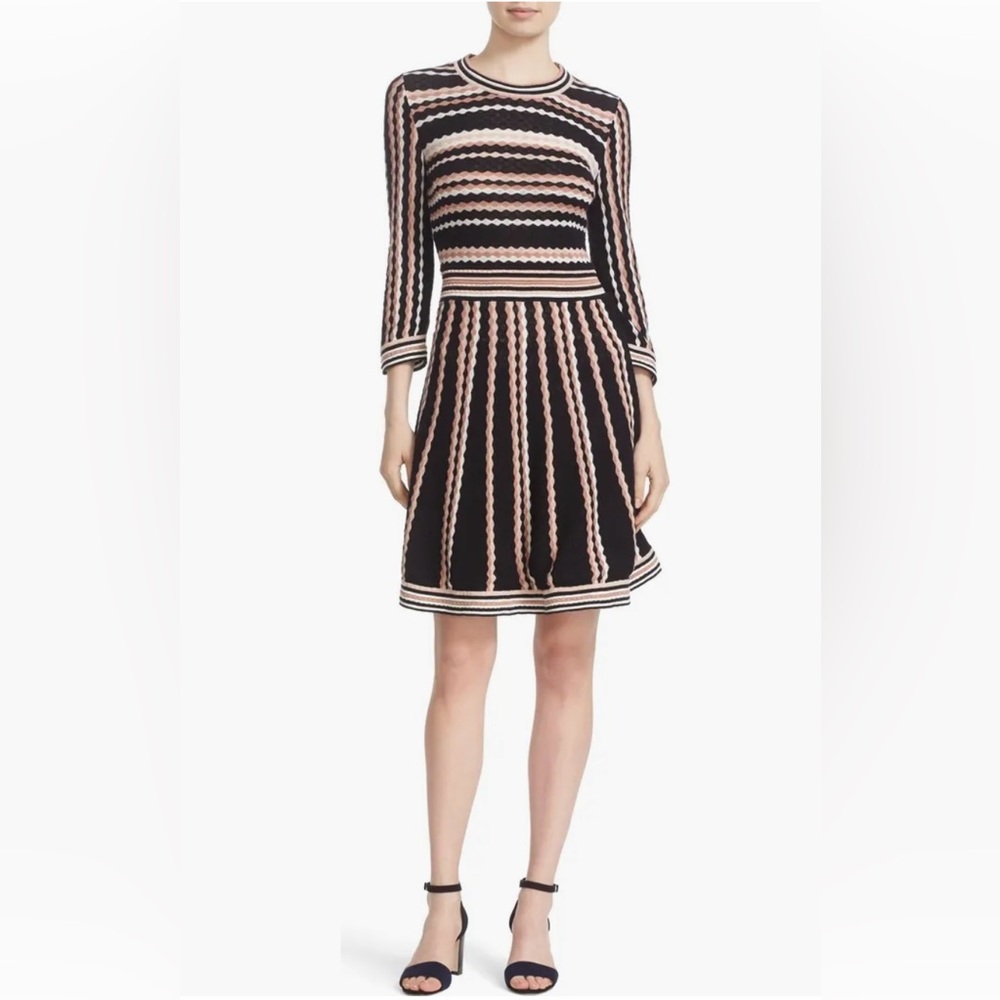 Kate Spade Scallop Stripe Knit Sweater Dress Blush‎ Black Cream Fit & Flare Sz S